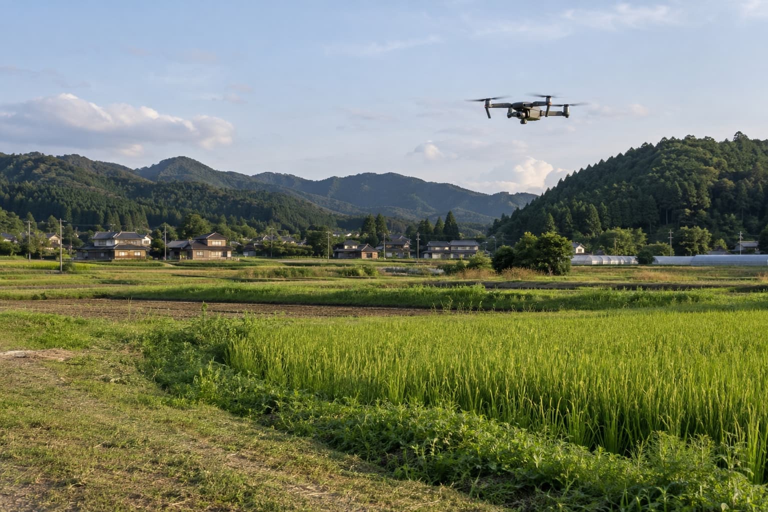 農地の上を飛ぶドローンの生成イメージ