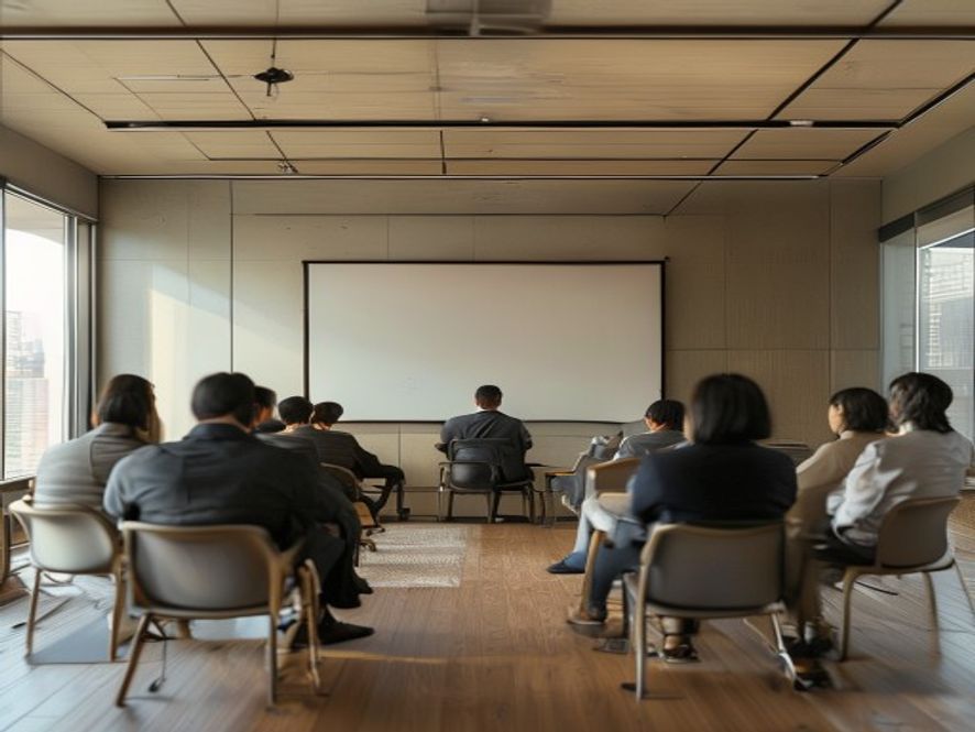 ノートPCを見ながらDX導入について相談する事業者と支援者